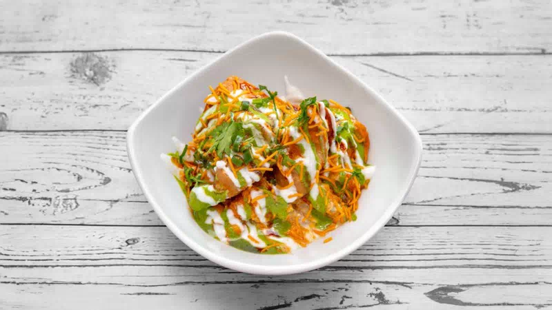Crispy Samosa Chaat street food appetiser at Taste of Himalayan Nepalese & Indian restaurant in Rowley Regis, Blackheath near Birmingham
